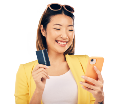 Credit card, phone and woman with online shopping, e commerce and fintech payment or loan news. Excited asian person on mobile for banking app and debit success isolated on transparent png background