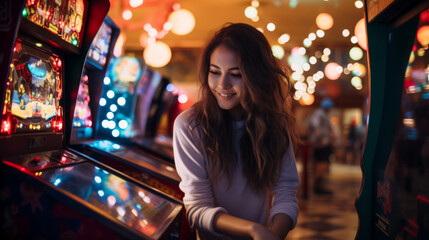 Young woman at a retro arcade, surrounded by vintage pinball machines and classic video games - obrazy, fototapety, plakaty