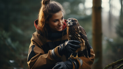 Young woman volunteering as a wildlife rehabilitator taking care of a bird of prey like a falconer