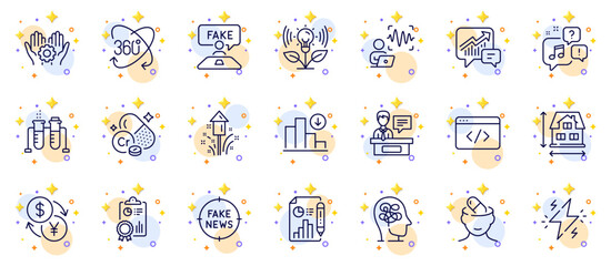 Outline set of Fake review, Inspect and Power line icons for web app. Include Fireworks, Employee hand, Depression treatment pictogram icons. Voice wave, Voicemail, Currency exchange signs. Vector