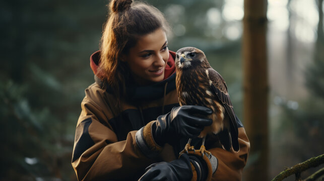 Young woman volunteering as a wildlife rehabilitator taking care of a bird of prey like a falconer