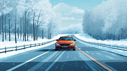 Car drives on a frozen road in winter at night - obrazy, fototapety, plakaty