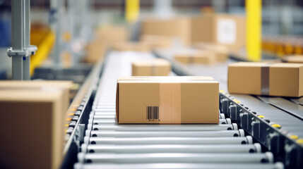 Cardboard box packages warehouse fulfillment, distribution conveyor system products stored, start-up, small business owner, product for delivery to customer, online selling, e-commerce, packing - obrazy, fototapety, plakaty