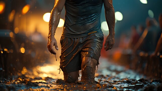 A powerful image capturing the raw emotion of determination of a sports athlete. The image focuses on the athletes' dirty, gritty feet, splashing dirt as they push through their limits.