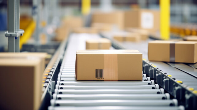 Cardboard box packages warehouse fulfillment, distribution conveyor system products stored, start-up, small business owner, product for delivery to customer, online selling, e-commerce, packing