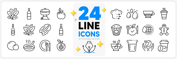 Icons set of Beer bottle, Popcorn and Peas line icons pack for app with Cooking beaker, Takeaway, Food delivery thin outline icon. Spinach, World water, Water drop pictogram. Vector - Powered by Adobe
