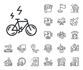 Motorized bicycle transport sign. Plane, supply chain and place location outline icons. E-bike line icon. Electric bike symbol. E-bike line sign. Taxi transport, rent a bike icon. Travel map. Vector
