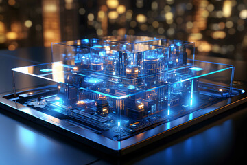 cube block 3d matrix silver on screen of smartphone intricate detail blue neon