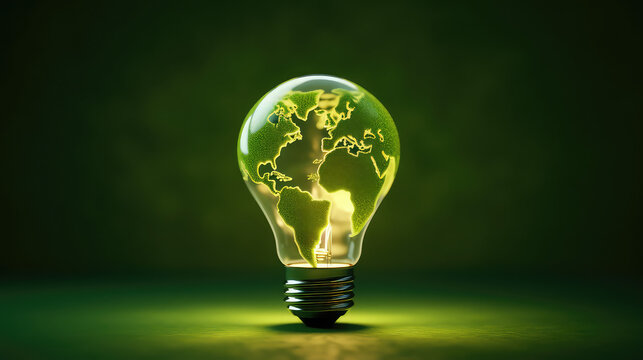 Renewable Energy.Environmental protection, renewable, sustainable energy sources. Green world map on the light bulb on green background .green energy. Renewable energy is important to the world	