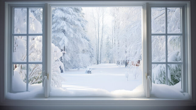 View through an open window of a garden with snow in winter