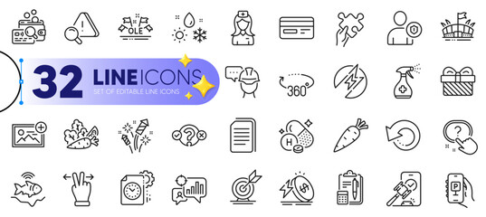 Outline set of Question button, Hospital nurse and Security line icons for web with Recovery data, Energy price, Project deadline thin icon. Accounting, Target goal, Credit card pictogram icon. Vector