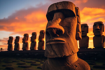 Enigmatic Moai statues stand against the backdrop of a colorful Polynesian sunset, adding to the islands' mystique - obrazy, fototapety, plakaty