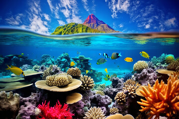 A colorful coral reef thrives in the clear waters of Polynesia, teeming with vibrant marine life...