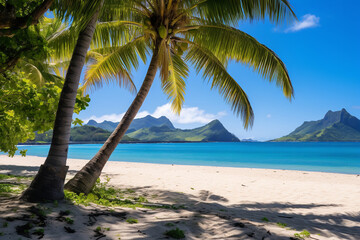 Coconut trees sway gently in the breeze along a pristine beach with white sands and azure waters in Polynesia