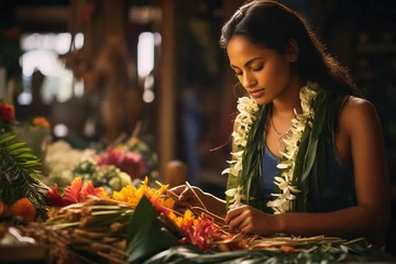 Rollo A Polynesian woman skillfully crafts a floral lei using fresh plumeria flowers, a traditional Polynesian garland © Davivd