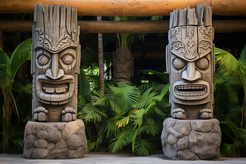 Stone tiki statues stand guard at the entrance of a Polynesian village, offering a sense of protection and history - obrazy, fototapety, plakaty