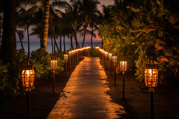  Tiki torches line a sandy path leading to a Polynesian beach, inviting visitors to experience an idyllic sunset