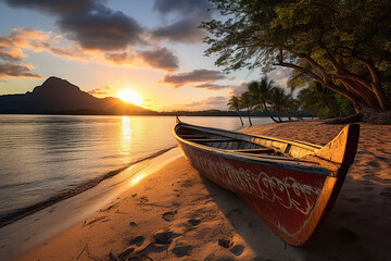 A traditional Polynesian canoe rests on the shore as the sun sets, casting a warm glow on the...