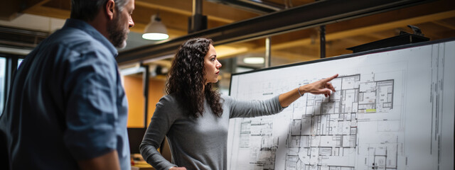 Woman architect takes apart a blueprint of a new project on a whiteboard with his colleagues - obrazy, fototapety, plakaty