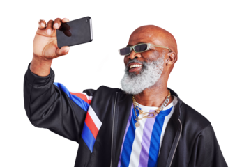 Fashion, selfie and senior man with a smile, social media and connection isolated on transparent background. African person, mature guy or model with a profile picture, post or vintage style with png