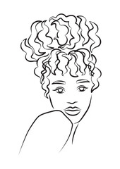 line art beautiful black, african woman portrait, simple minimalist vector illustration, isolated abstract girl, female face contour, beauty and hair salon concept 