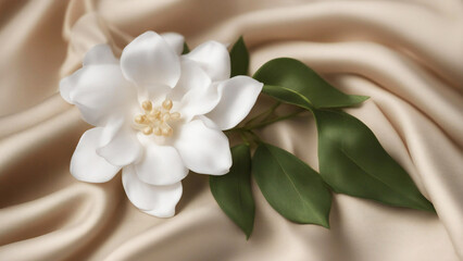 a jasmine on the beige silk background