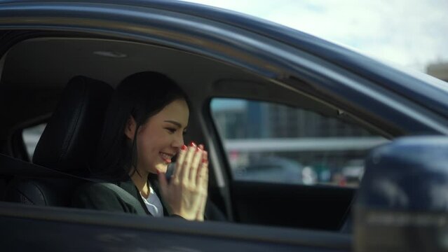 
Surprised feeling happy beautiful woman have new car. She hugged her car and was very happy are proud to be able to successfully afford a new car. Success car dealer. Buy or rent car concept.