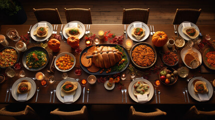 Lots of dishes on the Thanksgiving table. Top view.