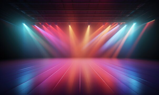 Empty stage with colorful light, photography studio indoor scene