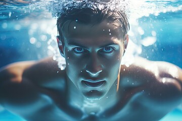 A young, healthy Caucasian male swimmer in a blue pool, showcasing muscular strength and underwater beauty.