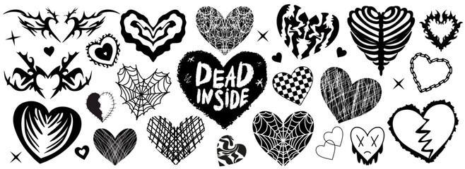 Y2k 2000s cute emo goth hearts stickers, tattoo art elements . Vintage black gloomy set heart. Gothic concept of creepy love. vector illustration.