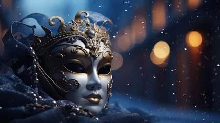 Tuinposter Isolated Venetian carnival mask on blurred night snowfall background of Venice in Italy on dark February evening and blurred city street background © Wendy2001