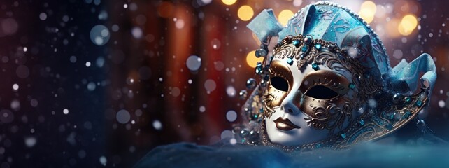 Venetian carnival beautifully decorated mask on blurred snowy bokeh background in Venice Italy for vacation travel promotion