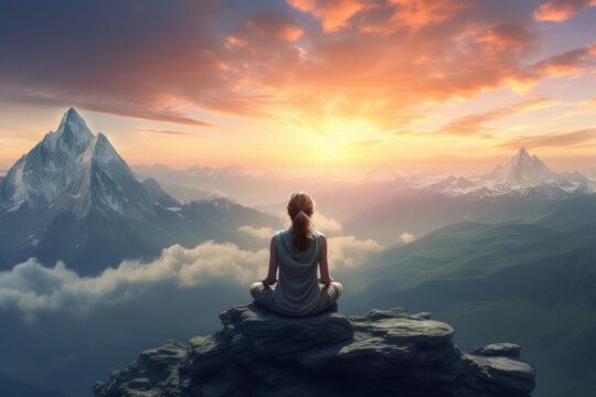 Back view of meditating woman with ponytale in high mountains at sunset over the clouds trying to find inner peace and freedom in astral traveling and meditation for mental health