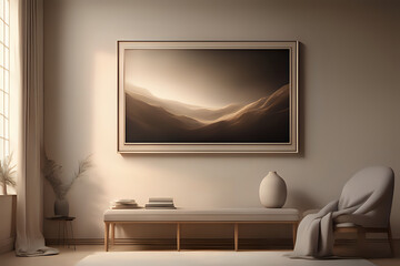 Frame mockup in contemporary minimalist beige room interior in dramatic scenes