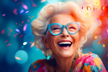 Woman with glasses and confetti around her.
