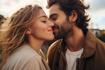Fototapeta premium Amazing couple portrait two lovers spending time together making selfies Generative AI