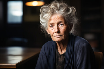 Woman with grey hair sitting at table with dark background.