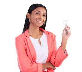 Business woman, glasses and confidence with smile in portrait for success, goal or vision. Indian person, employee and face on isolated or a transparent png background for idea, power or innovation