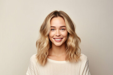 Obraz premium Modern Illustration generative AI collage charming blonde woman smiling white teeth isolated pastel beige color wall background