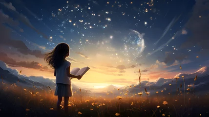 Fotobehang A girl holding a book staring at the sky under the stars   Generative AI © No34