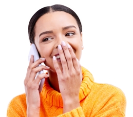 Laughing, gossip and woman on phone call with conversation and smile from talk. Happy, female person and mobile networking with communication and funny joke isolated on a transparent, png background