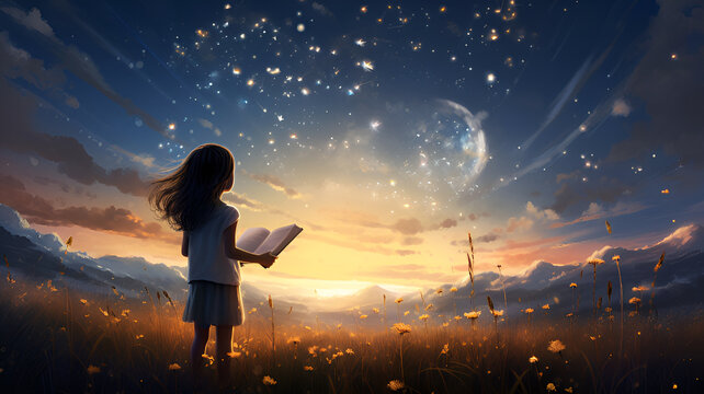 A girl holding a book staring at the sky under the stars | Generative AI