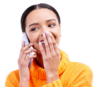 Laughing, gossip and woman on phone call with conversation and smile from talk. Happy, female person and mobile networking with communication and funny joke isolated on a transparent, png background