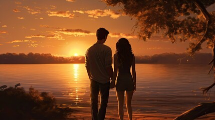A couple together in the golden hour of dusk, very romantic, seen from behind, full body. Suitable for depicting romantic moment, love, weddings, pre-weddings, and various kinds of photography designs - Powered by Adobe