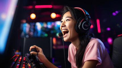 Girl gamer rejoices at winning the game - obrazy, fototapety, plakaty