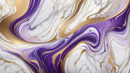 white marble texture with black, puple and gold streaks that create a fluid and organic pattern.