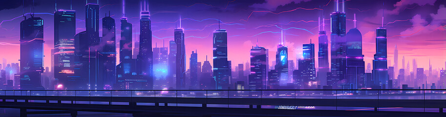 Cyberpunk Retro Futuristic City with Neon Lights Blog Header - obrazy, fototapety, plakaty