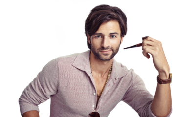 Isolated man, portrait and smoke pipe with vintage 70s fashion, drugs or unique transparent png background. Hippy guy, retro aesthetic and clothes with habit for tobacco, relax or trippy with freedom