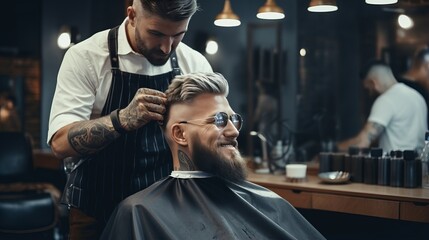 A hairdresser cuts a man's hair with scissors in a barbershop. - obrazy, fototapety, plakaty